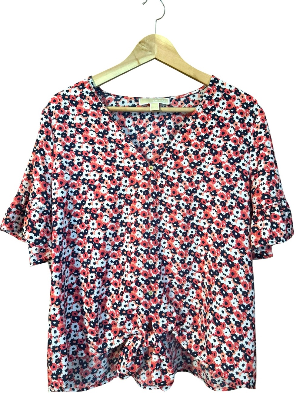 Michael Kors Floral Tie-Front V-Neck Ruffle SS Pink & Blue Blouse Top